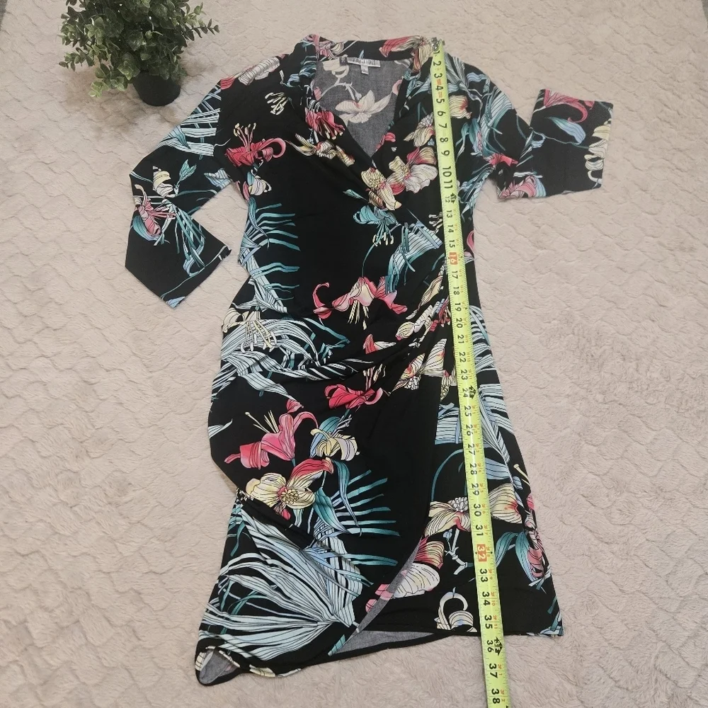 Jennifer Lopez Black Floral Faux-Wrap Fitted Dress, Size Large